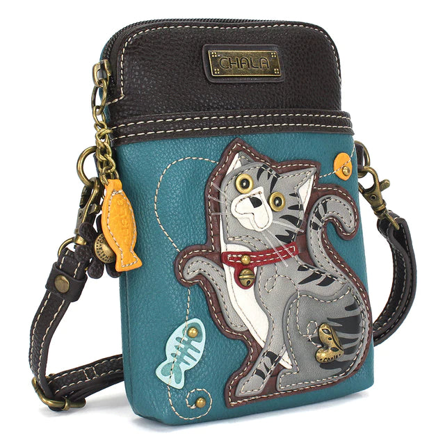 Chala Cellphone Xbody: Gray Tabby Cat - Turquoise