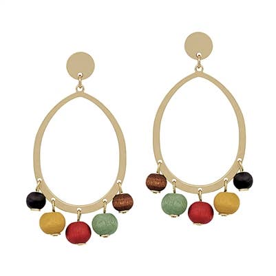 Open Gold Circle with Multi Wood Beaded Accents 2" Earring