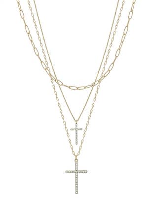 Gold Layered Rhinestone Double Cross 16"-18" Necklace