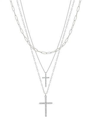 Silver Layered Rhinestone Double Cross 16"-18" Necklace
