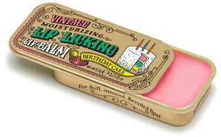 Lip Licking birthday cake flavored organic natural lip balm in vintage slider tin packaging