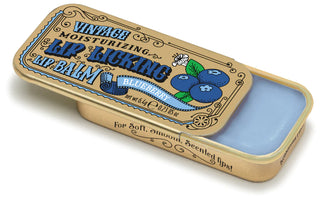 Lip Licking blueberry flavored organic natural lip balm in vintage slider tin packaging