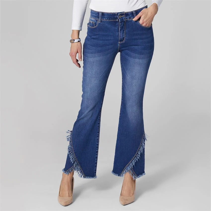 OMG Zoey Zip Flare Leg Crossover Fringe Jeans