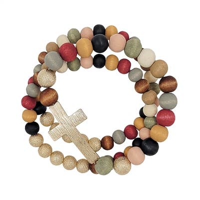 Gold Cross with Multi Wood and Beads Set of Three Bracelets