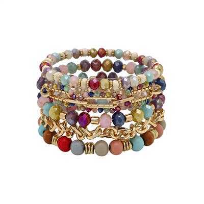 Multi Crystal, Stone, & Gold Chain Set of 5 Stretch Bracelet