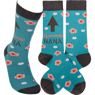 Colorful "Awesome Nana" socks by Primitives by Kathy with woven sentiment design — a fun gift for grandma