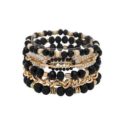 Black Crystal, Stone, & Gold Chain Set of 5 Stretch Bracelet