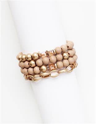 Tan Natural Stone & Gold Beaded Stretch Bracelet Set