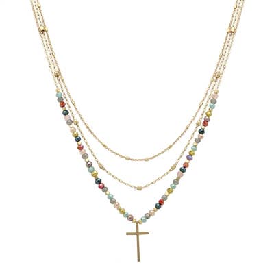 Multi Crystal & Gold Chain Layered with Gold Cross Necklace