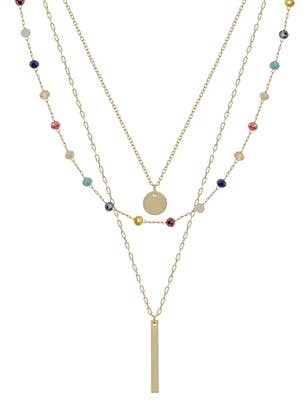 Gold Bar Triple Layer with Multi Crystal Accents Necklace